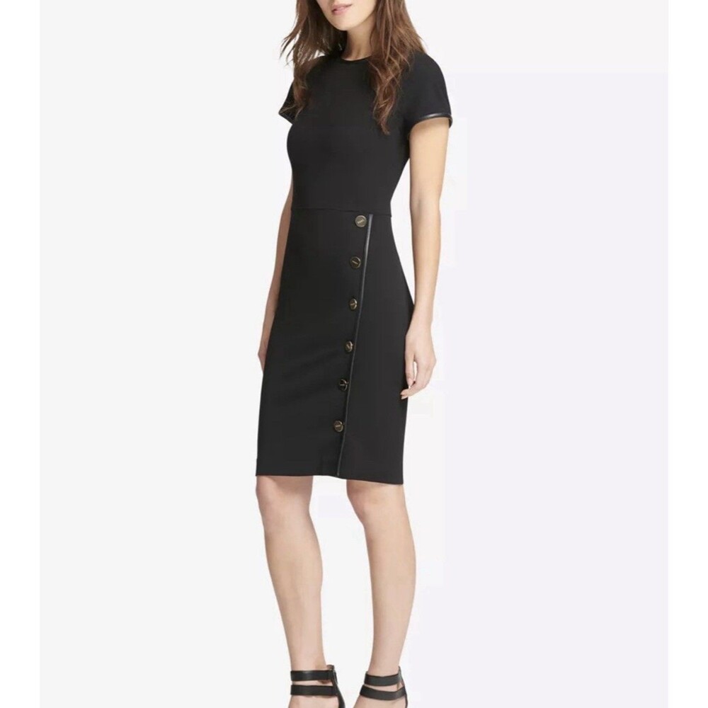 DKNY Sheath Bodycon Dress Faux-Leather Trim Sz 4 Quiet Luxury LBD MSRP $129